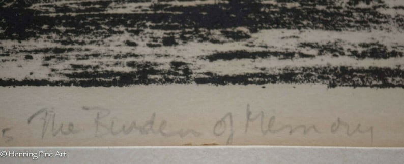 Puede incluir: Una impresi&oacute;n en blanco y negro de un paisaje con la firma manuscrita "The Burden of Memory".
