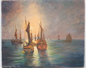 Beautiful Vintage Impressionist Painting of Sunset Fishing Boats Signed Zicht 48