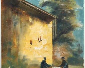 Beautiful Vintage Impressionist Oil Painting of Two Men Torch Lit Landscape