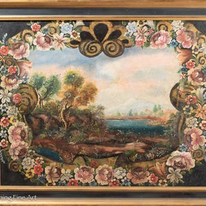 Beautiful Vintage Oil Painting Floral Wreath Lima, Peru Mountain Landscape FINE