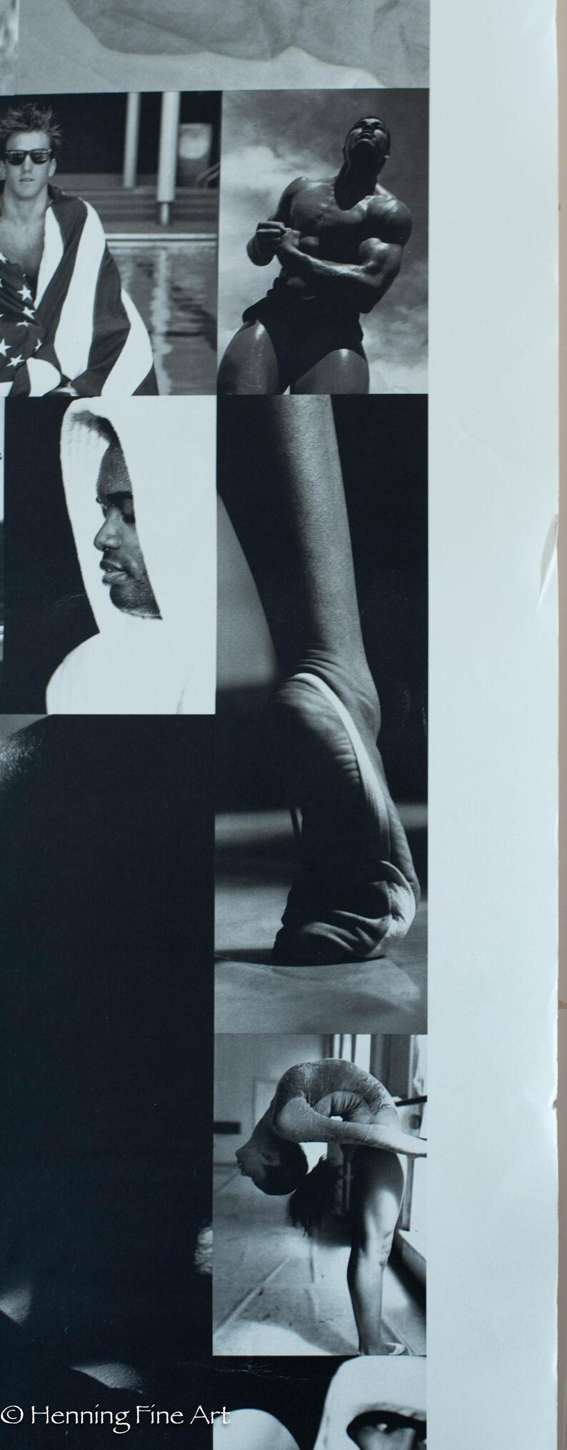 May include: Monochrome collage of athletic figures and portraits. Includes a man wrapped in a flag, a bodybuilder flexing, a person in a hoodie, a foot, and a gymnast bending backward. The image is a study in contrasts.