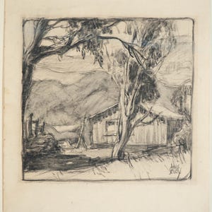 May include: A charcoal sketch of a rural landscape featuring a small house nestled among trees. The artwork, with a mountain backdrop, is signed in the lower right corner. The style is reminiscent of a classic landscape drawing.