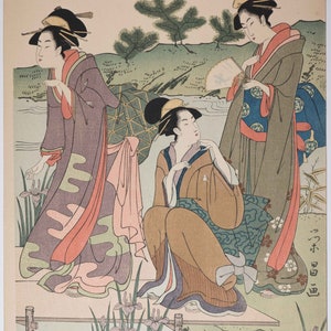 Beautiful Antique Japanese Woodblock Yeisho Geisha in Landscape on Water, Nice!