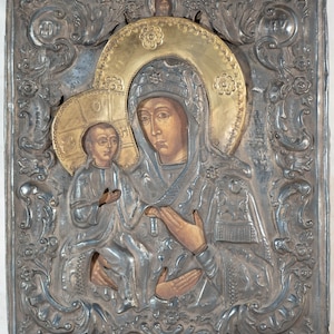 Beautiful Antique Russian Icon Christ and Mary Rizza Fine Painting Hallmarks