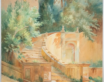 Beautiful Antique Painting Tivoli Villa d’Este Staircase, Italy by M. West 22x18