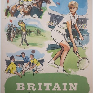 Hermoso póster de viaje vintage de Gran Bretaña, tierra del deporte, 1955, mediados de siglo, original