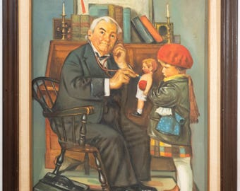Stunning Painting after Norman Rockwell Doctor & Doll Vintage Filipino 38x32"