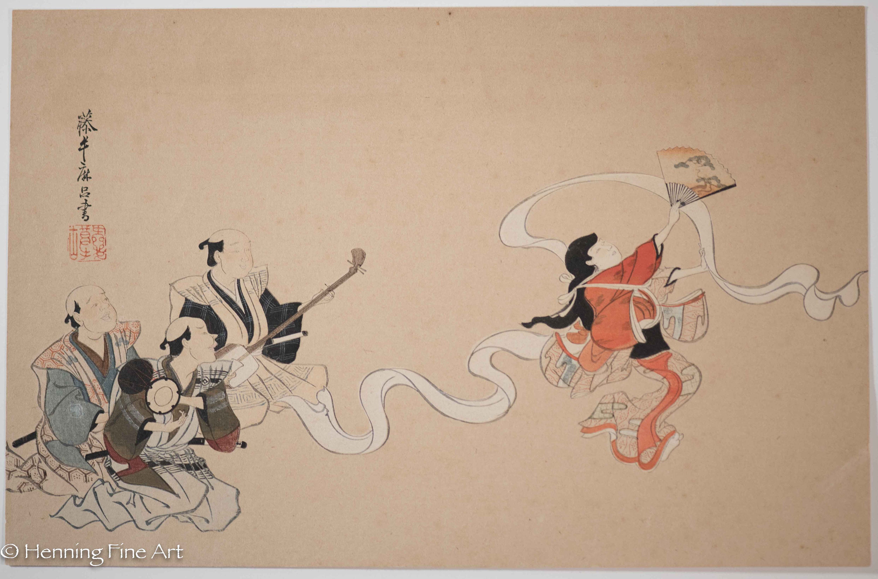 Beautiful Vintage Japanese Woodblock Musicians and Dancing