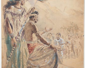 May include: Watercolor painting depicting a historical scene with figures in traditional attire. A central figure sits, gesturing, while others stand nearby. The artwork features muted tones and detailed rendering, suggesting a narrative or portrait.