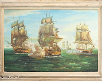 Beautiful Oil Painting of Naval Battle Among Galleons at Sea by J. Carter 31x43"