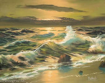 Beautiful Vintage Impressionist Seascape Painting of Emerald