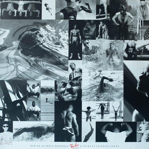 May include: Monochrome collage poster showcasing Olympic athletes in various sports. The images include swimmers, divers, and gymnasts. The Ray-Ban logo and text "Our US Olympic Hopefuls - A Tribute to Excellence" are visible.