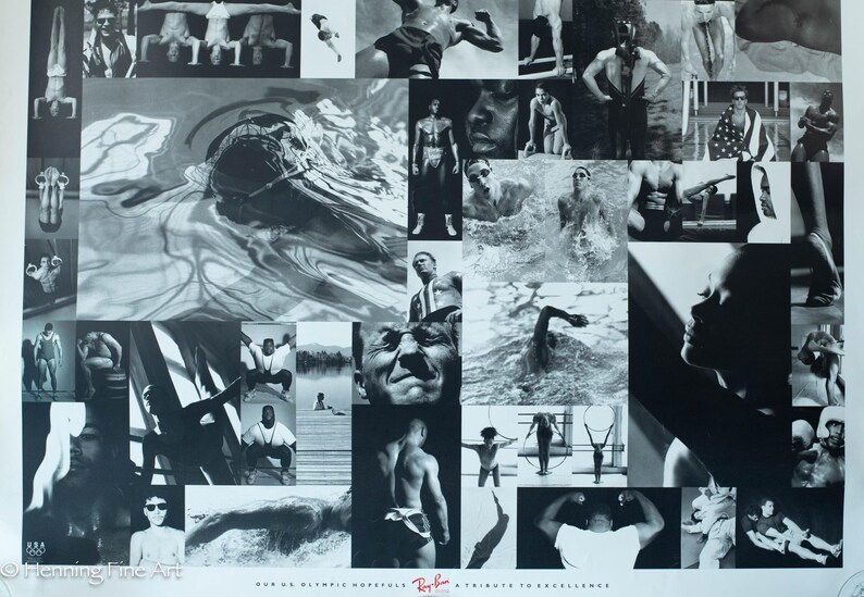 May include: Monochrome collage poster showcasing Olympic athletes in various sports. The images include swimmers, divers, and gymnasts. The Ray-Ban logo and text "Our US Olympic Hopefuls - A Tribute to Excellence" are visible.