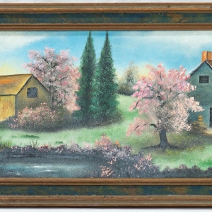 Antique Folk Art American Oil Painting of Homestead with Flowering Trees, Fine!