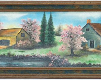 Antique Folk Art American Oil Painting of Homestead with Flowering Trees, Fine!