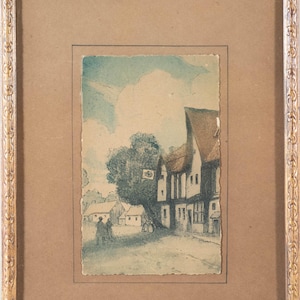 Beautiful Antique Etching of European Village Street Scene, Framed & Charming