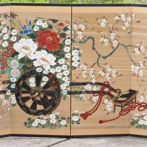 Beautiful Painted Asian Folding Screen Colorful Flowers on Wood Cart Signed FINE
