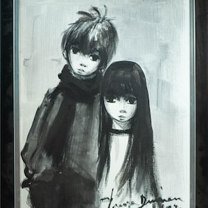 Beautiful Vintage Mid Century Oil Painting of Boy and Girl Big Eye, Black & White, FINE Style of Margaret Keane