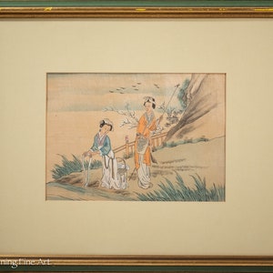 Beautiful Vintage Japanese Silk Painting Female Figures in Landscape, Lovely 5/6