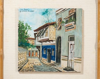 Hermosa pintura antigua de una escena callejera en Guayaquil, Ecuador: "El dolor", la puerta de entrada a las Islas Galápagos