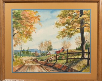 Beautiful Vintage Watercolor Painting of American Farm Landscape During Fall