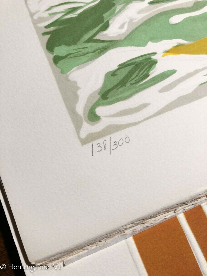 K&ouml;nnte beinhalten: Nahaufnahme eines wei&szlig;en Papiers mit einem abstrakten Design in Gr&uuml;n und Gelb. Die Nummer "138/300" ist mit Bleistift unten rechts geschrieben.