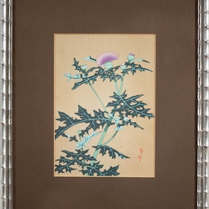 Beautiful Vintage Japanese Woodblock Print of Purple Thistle Blossom, Framed!
