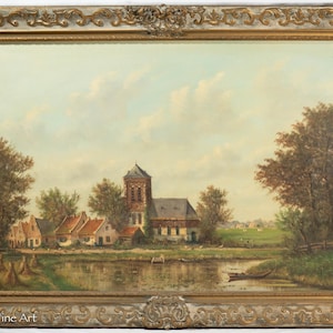 Fine Vintage Dutch Oil Painting Landscape, Village on Pond with Cattle, Signed