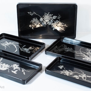 Vintage Asian Black Lacquerware Nesting Trays with Silver Foliage, Set of Five