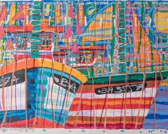 Beautiful Acrylic Painting of Colorful Docked Boats, Signed & Beautiful!
