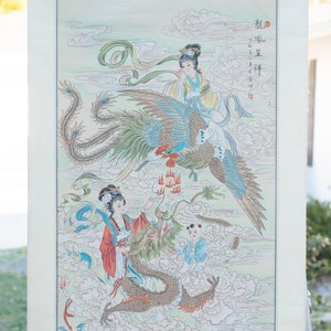 Beautiful Vintage Asian Scroll Painting Goddess on Bird and Dragon 37 x 18" Silk