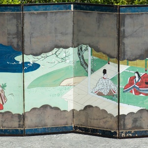 Beautiful Antique Japanese Screen of Garden and Interior Scene, 1 of 2 FINE!