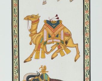 Beautiful Vintage Indian Silk Painting Ornate Elephant Horse Camel, Fine Detail