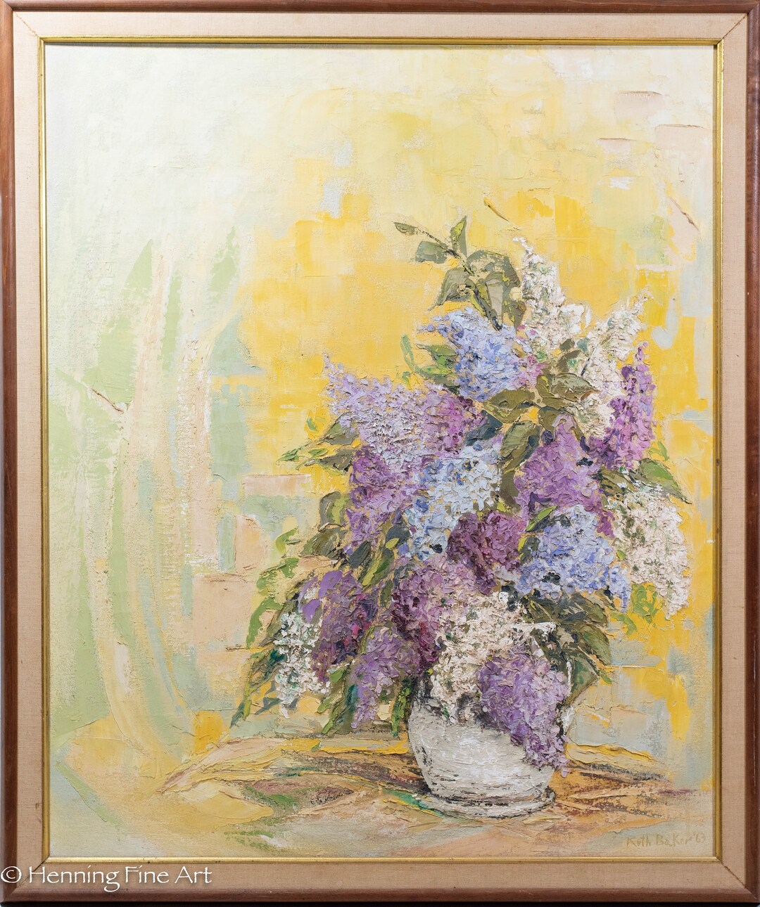 Beautiful Mid Century Floral Oil Painting by Ruth Baker Purple and