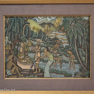 Vintage Indonesian Gouache Painting of Tropical Landscape w/ Figures Farming, Highly Detailed & Nice!