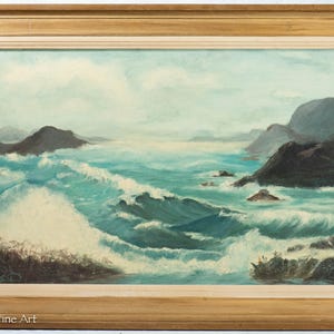 Beautiful Vintage Oil Painting of Impressionist Rocky Coastal Seascape, Signed &quot;Esther&quot;