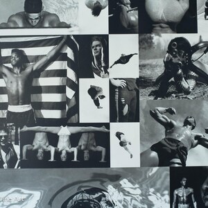 May include: Monochrome collage of athletic figures and the American flag. The images include a swimmer, a person holding the flag, and various poses of strength and movement. The artwork is signed "Henning Line Art".