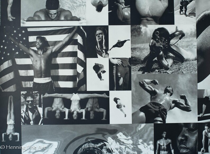May include: Monochrome collage of athletic figures and the American flag. The images include a swimmer, a person holding the flag, and various poses of strength and movement. The artwork is signed "Henning Line Art".