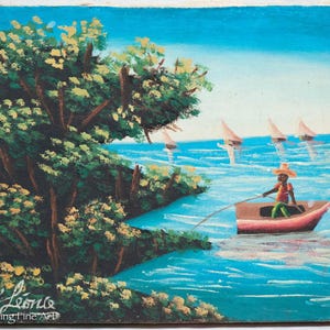 Beautiful Vintage Folk Art Painting Haitian Coastal Landscape Signed M Leonce