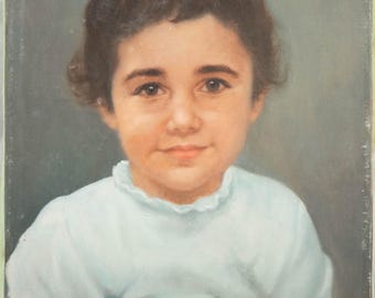 Beautiful Vintage Oil Painting Portrait of Young Girl in White Dress, Cute