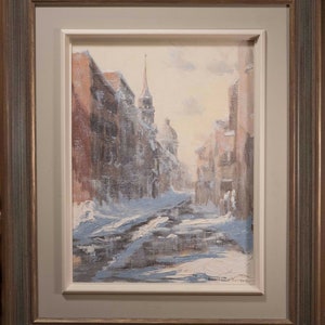 May include: A painting of a snowy city street with buildings on either side. The street is covered in snow and the buildings are painted in shades of brown and white. The sky is a pale blue and there is a hint of sunlight in the distance.