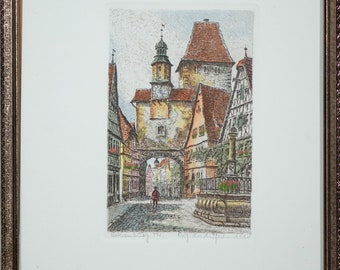 Beautiful Vintage Rothenburg Ob Der Tauber Etching Bavaria Germany Framed Signed