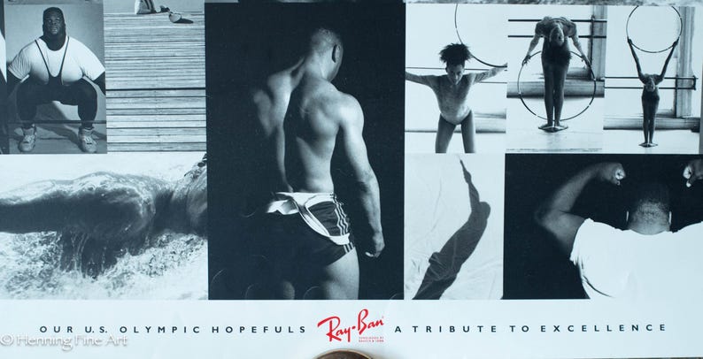 May include: Monochrome poster with images of athletes, including a weightlifter, swimmer, and gymnast. The poster includes the Ray-Ban logo and the text "OUR U.S. OLYMPIC HOPEFULS" and "A TRIBUTE TO EXCELLENCE."