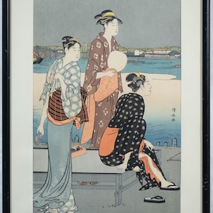 Vintage Torii Kiyonaga Woodblock Summer Twilight on the Sumida River 20x14"