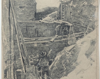 Antique Frank Pulling Pencil Drawing Connecticut Artist Men Mining Landscape