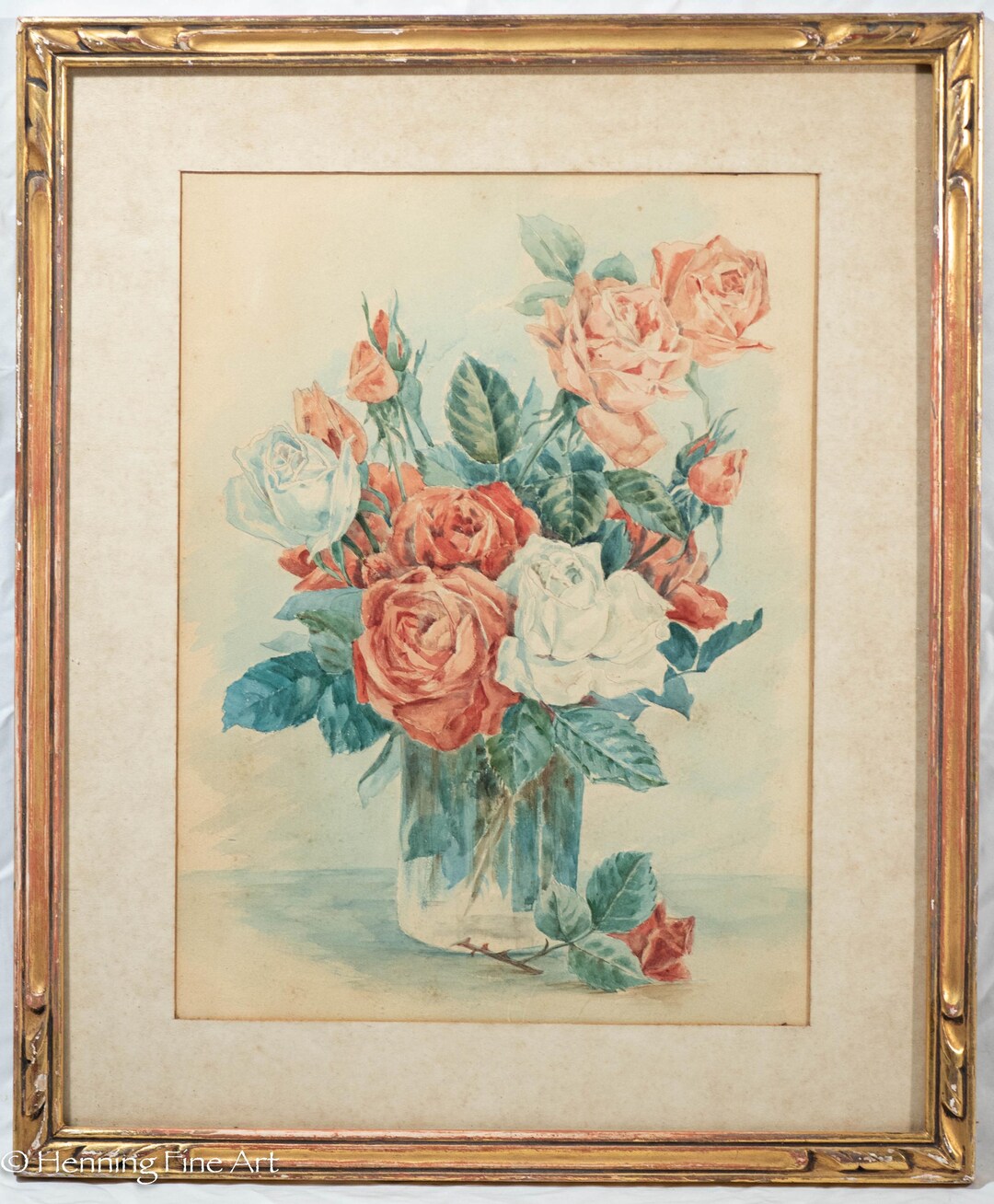 Beautiful Antique Watercolor Painting of Floral Still Life W/ White ...