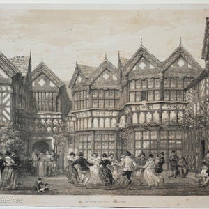 Beautiful Antique Joseph Nash Lithograph Little Moreton Hall Cheshire, Dancing