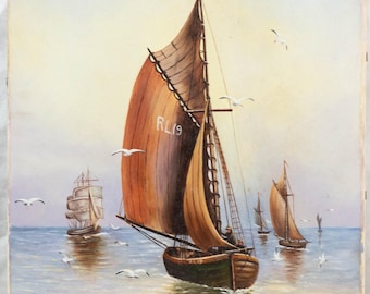 Beautiful Antique Oil Painting of Ships at Sea, Sailboats and Clipper Ship, FINE