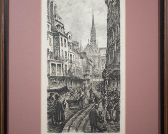 Beautiful Vintage Etching Parisian Cityscape with Chartres Cathedral, Signed