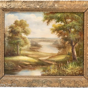 Beautiful Oil Painting of Traditional Landscape Signed in Antique Wood Frame